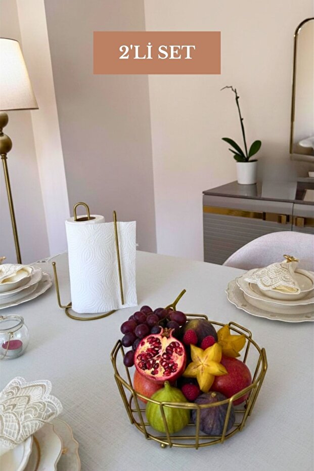 Set of 2 Matte Gold Vertical Paper Towel Holders with Dividers Oval Corner Fruit Basket Kitchen Set