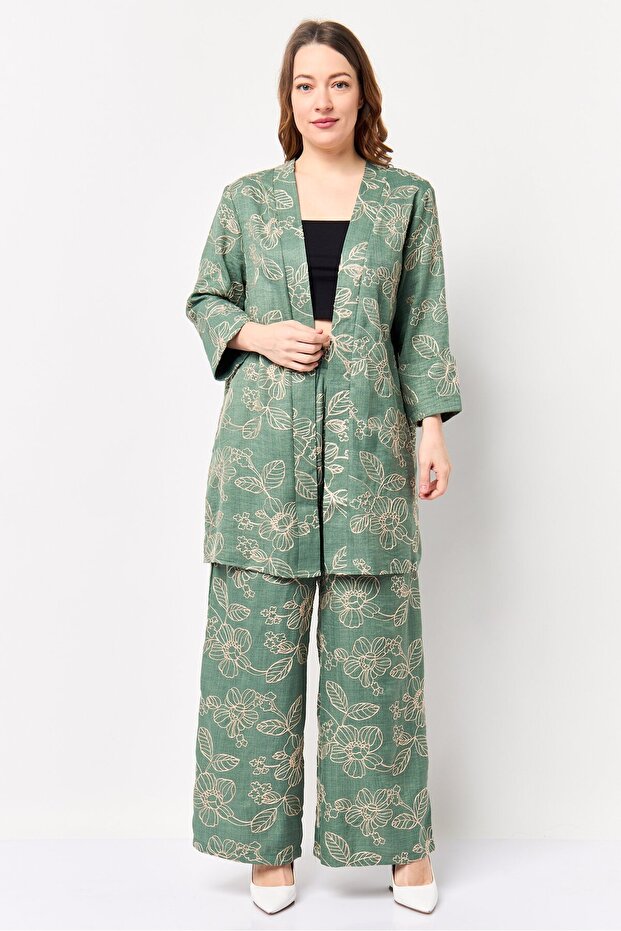 Women 2 Pieces Textured Blazer And Pants Set, Green