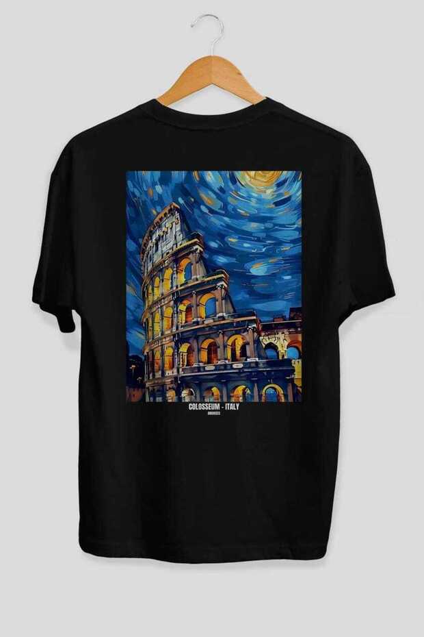 Colosseum Italy 2 Black Oversize Country City Back Printed Unisex T-Shirt 100% Cotton Premium