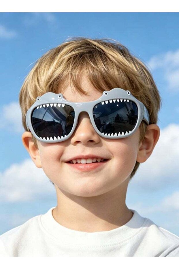 Kids UV400 Protection with Light Weight Eyewear, 3D Cute Shark Shape Kids Sunglasses Set, Ocean Cartoon Pattern Portable Hard Protective Case