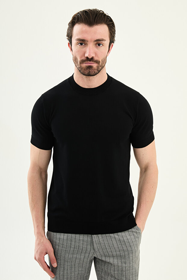 Plain Slim Fit Crew Neck Men's Knitwear T-Shirt Black - 11583.26Y