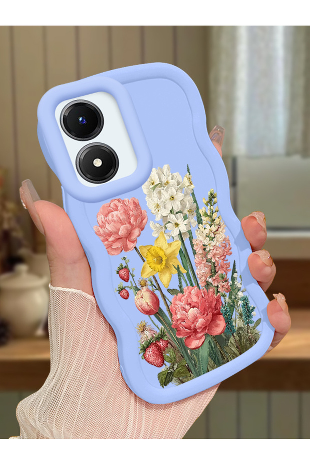 Vivo Y02S Compatible Case Camera Protector Blue Silicone Couple Phone Case Floral Pattern