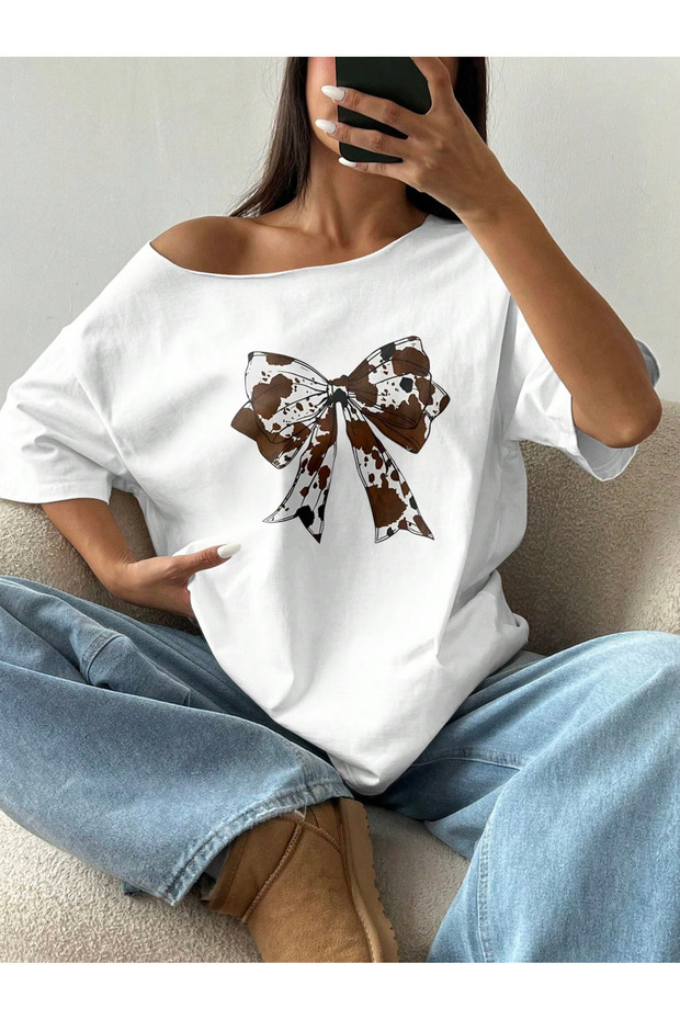 Women's Bow Printed Boat Neck Off Shoulder 100% Cotton T-Shirt