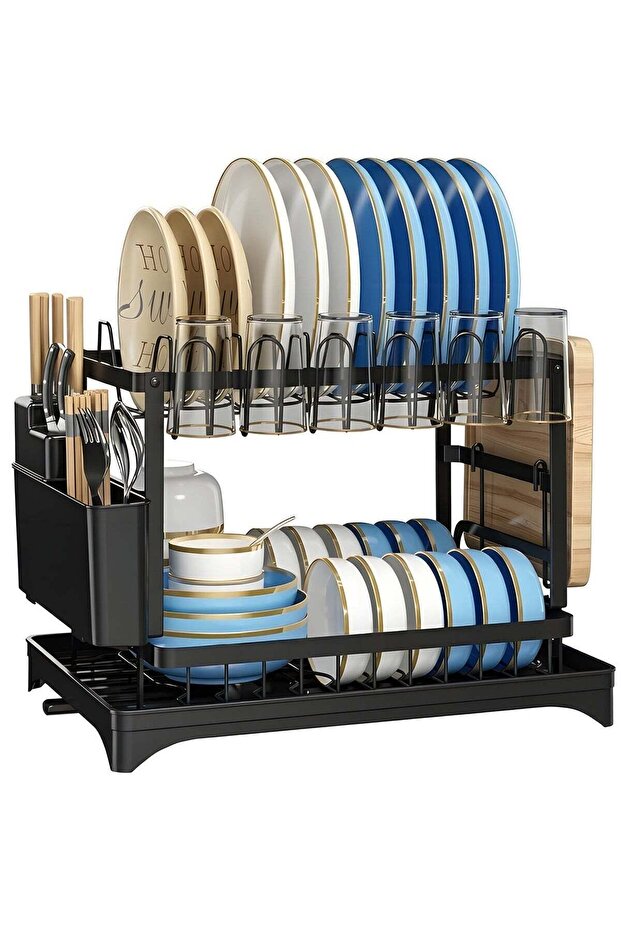 2-Tier Dish Drying Rack – Save Space Dish Rack with Utensil Holder, Cutting Board Holder & Drainboard Tray | Large Capacity, Rustproof Kitchen Drainer, 42 * 30 * 29cm, Black