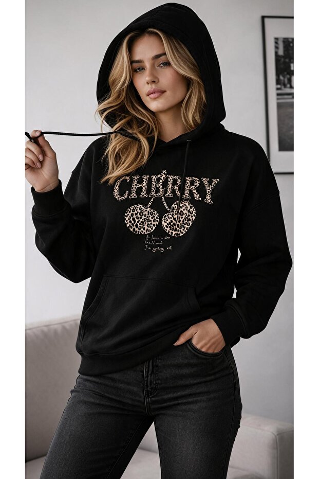Women's Leopard Patterned Cherry Figured Cherry Written Kangaroo Pocket Hooded Sweatshirt