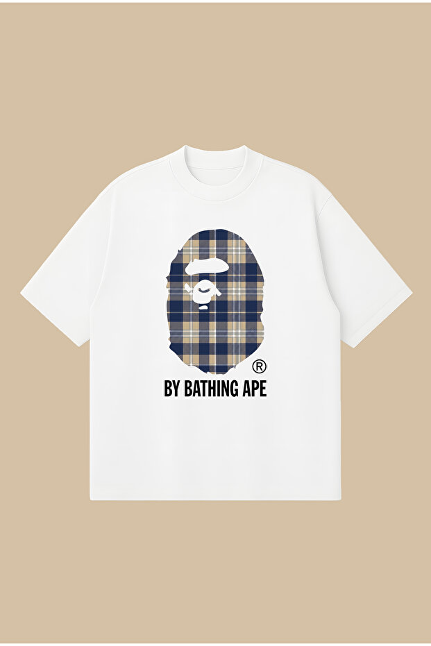 Blue Plaid Bape Printed Oversize Boxy Cut Unisex 100% Cotton Tshirt | Streetwear