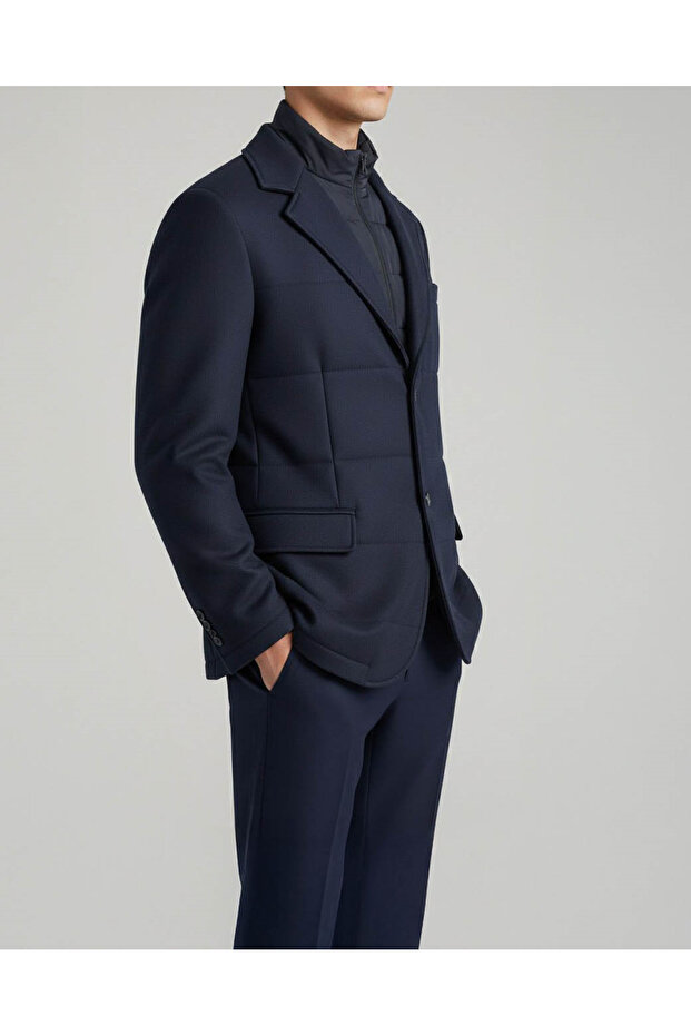 Italian Style Slim Fit Quilted Buttoned Turn-Down Collar Men's Coat Navy Blue T14771