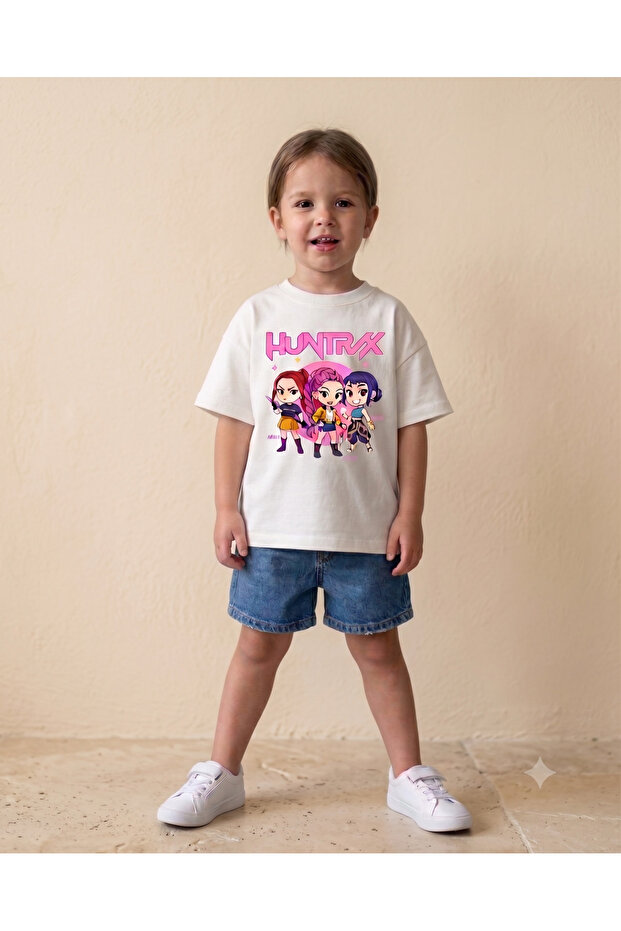 Children's Oversize Printed T-Shirt Huntrix Anime Character Patterned 100% Cotton Unisex T-Shirt