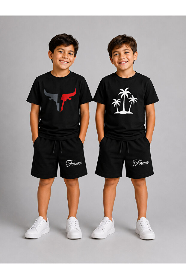 4-Piece Bull and Palm Tree Printed Boys' Summer T-Shirt and Shorts Set