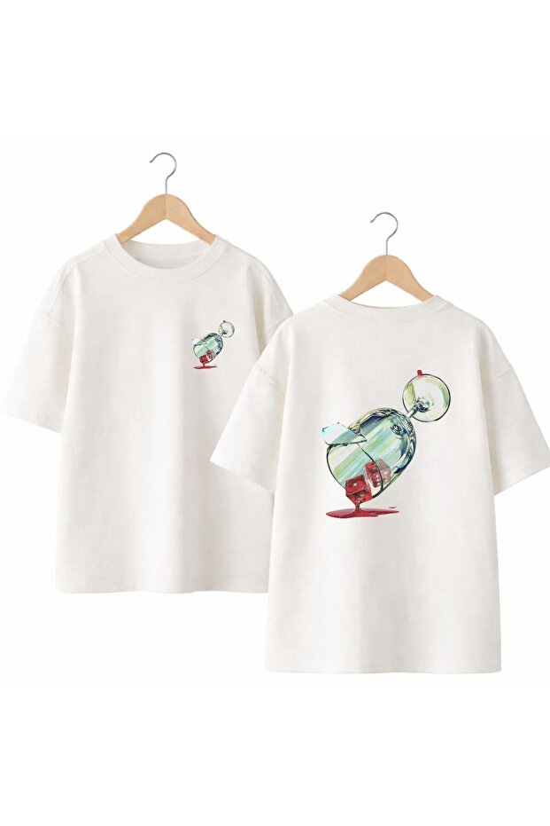 Broken Glass Cup Dice Printed on the Back and Front Chest, 100% Cotton Oversize Loose Regular Fit Crew Neck T-Shirt