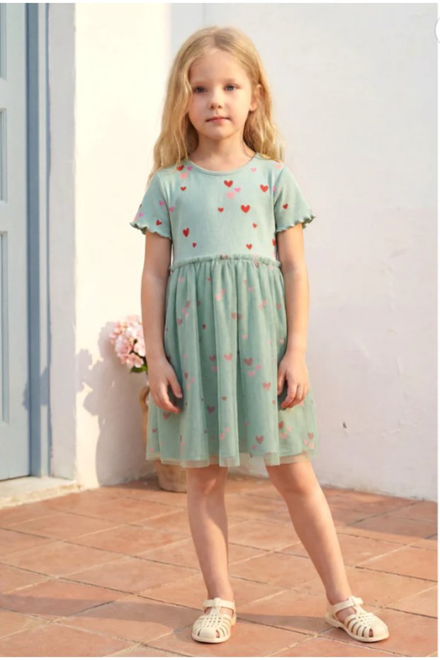 Heart Printed Tulle Dress Green