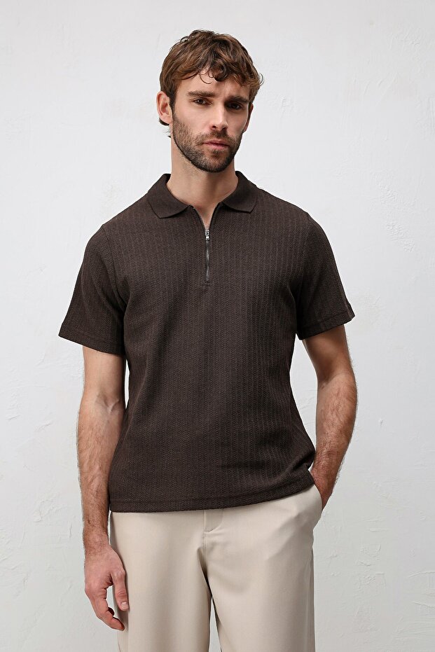 Coffee Textured Knitted Polo Collar Men's T-Shirt