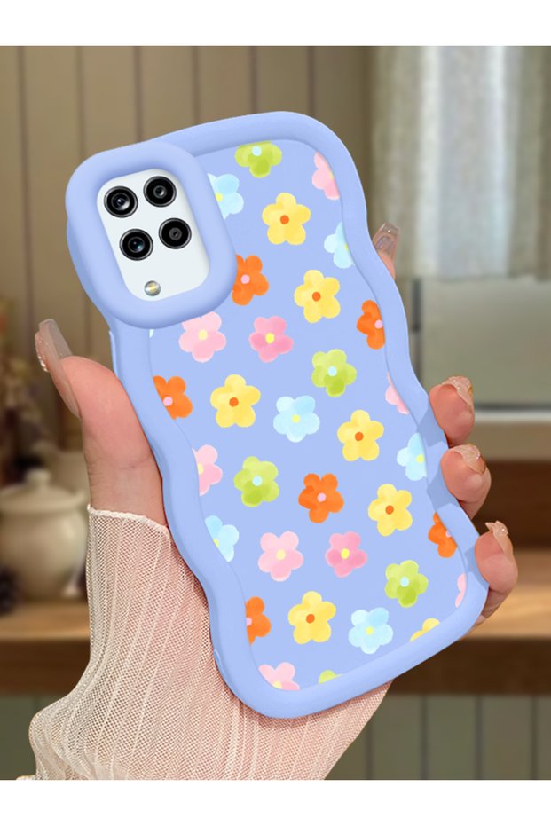 Samsung Galaxy M12 Compatible Case Camera Protector Blue Silicone Couple Phone Case Floral Pattern