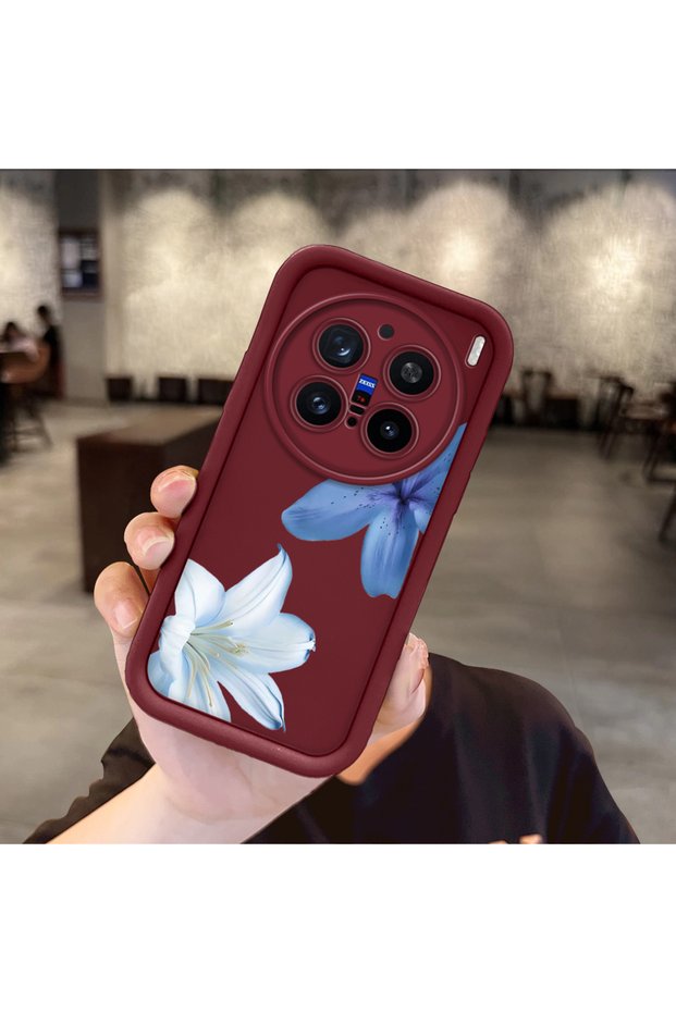 Vivo X200 Pro Compatible Case Camera Protector Burgundy Silicone Couple Phone Case Floral Pattern