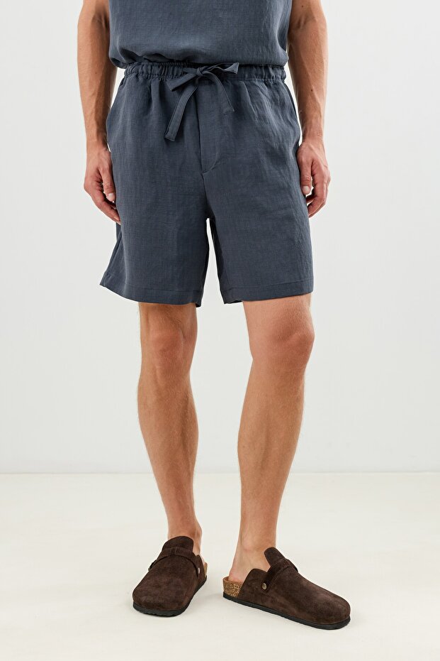 Navy Blue Lyocell Blend Tie-Waist Men's Shorts