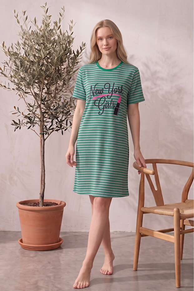 Cotton Patterned Striped Interlock Knitted Short Sleeve Nightgown Dress 95cm