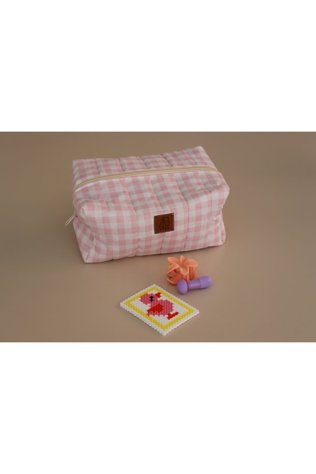 Pink Gingham Quilted Makeup Bag - Large Travel Cosmetic Organizer 23X16 cm