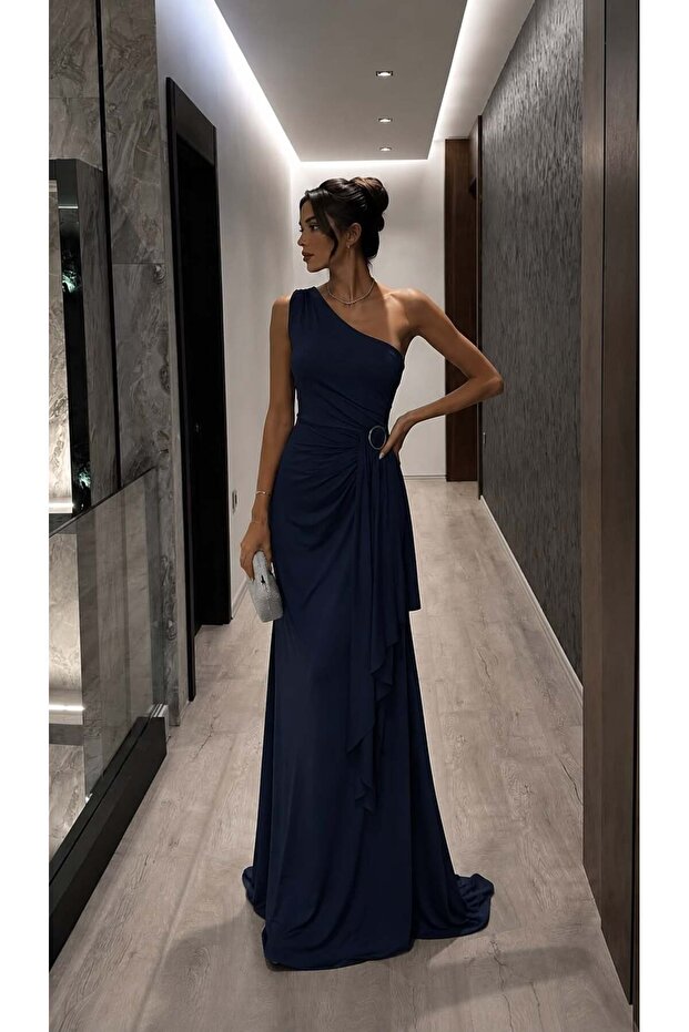 Navy Blue One-Shoulder Draped Long Evening Dress with Buckle Accessories 583423