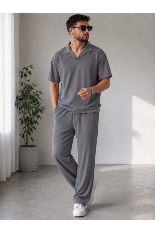 Trend Men's Smoke Gray Ottoman Patched T-Shirt Baggy Bottom Top Set
