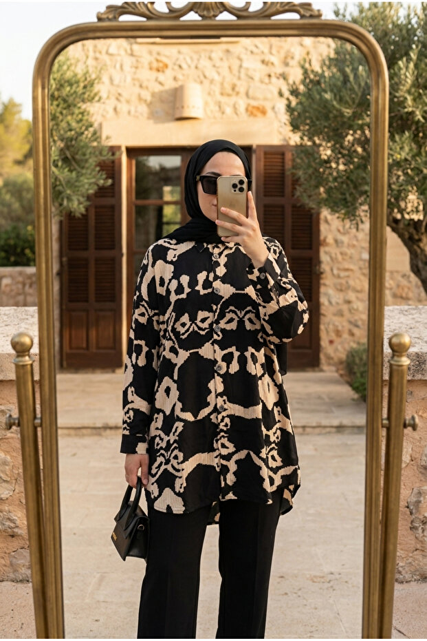 قميص نسائي منقوش كبير الحجم بياقة على شكل قميص، تونيك مريح وعملي