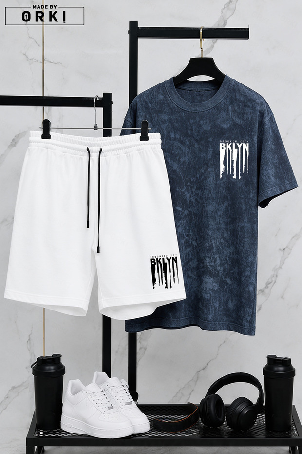 Bklyn Printed Cotton Fabric Unisex T-Shirt-White Shorts Set
