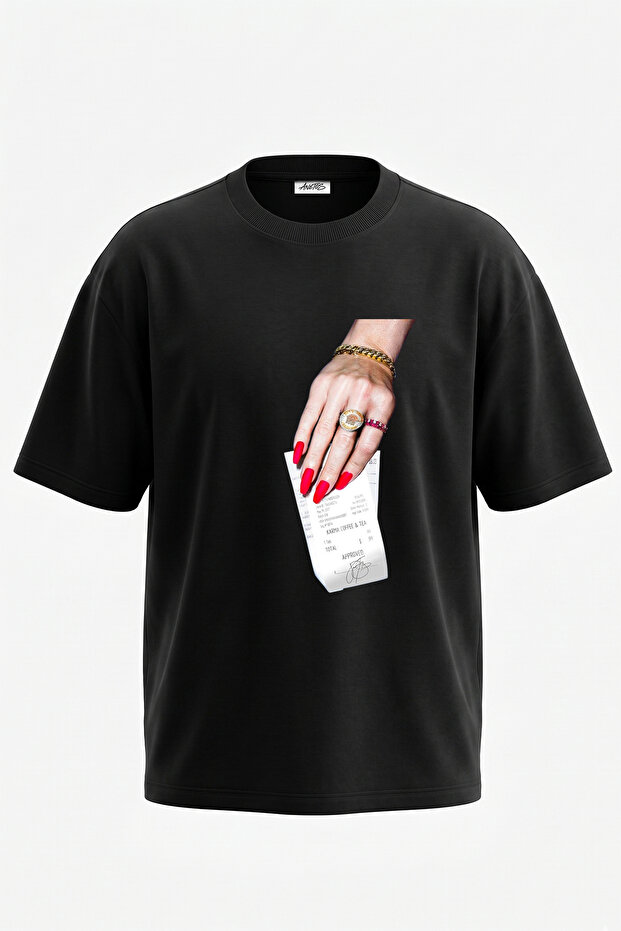 Red Nail Fis Design Printed Oversize Black T-Shirt