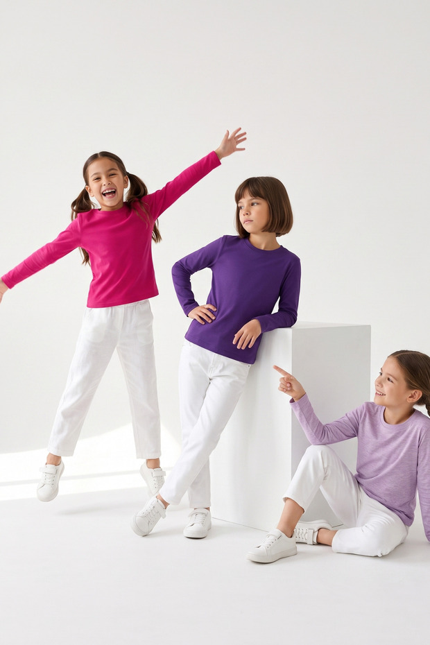 Girls' and Boys' Basic T-Shirt Set of 3 Cotton Long Sleeve Kids' T-Shirts 2-13 Years T-Shirt