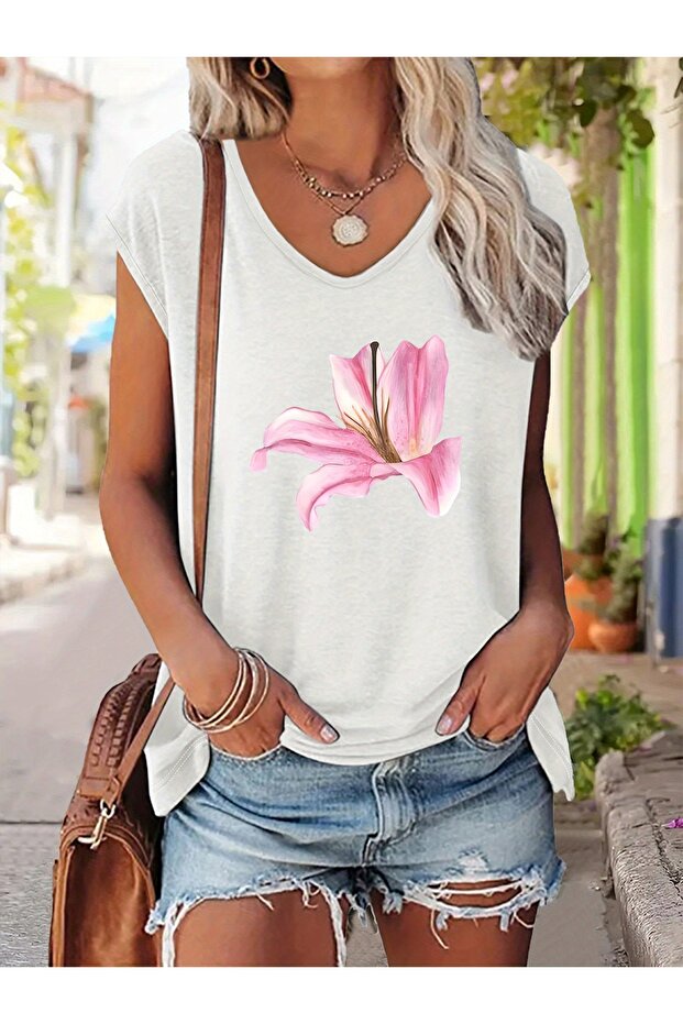 Women's Mix Printed V-Neck Sleeveless Regular Fit Comfortable T-Shirt