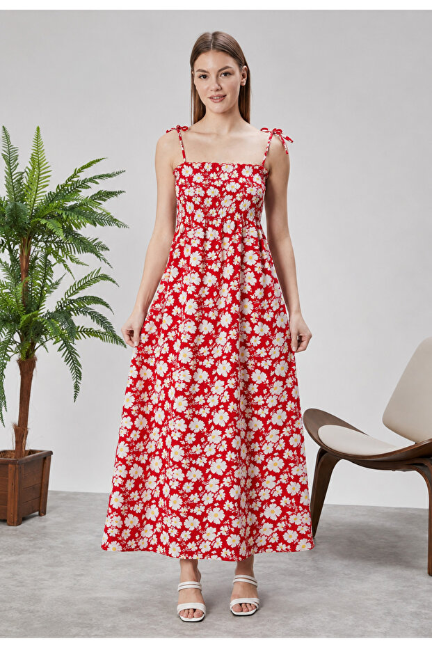 Patterned Cotton Long Summer Red Floral Print Women's Dress - Shoulder Tie Strap Gathered Gipeli Women's Comfortable Dress