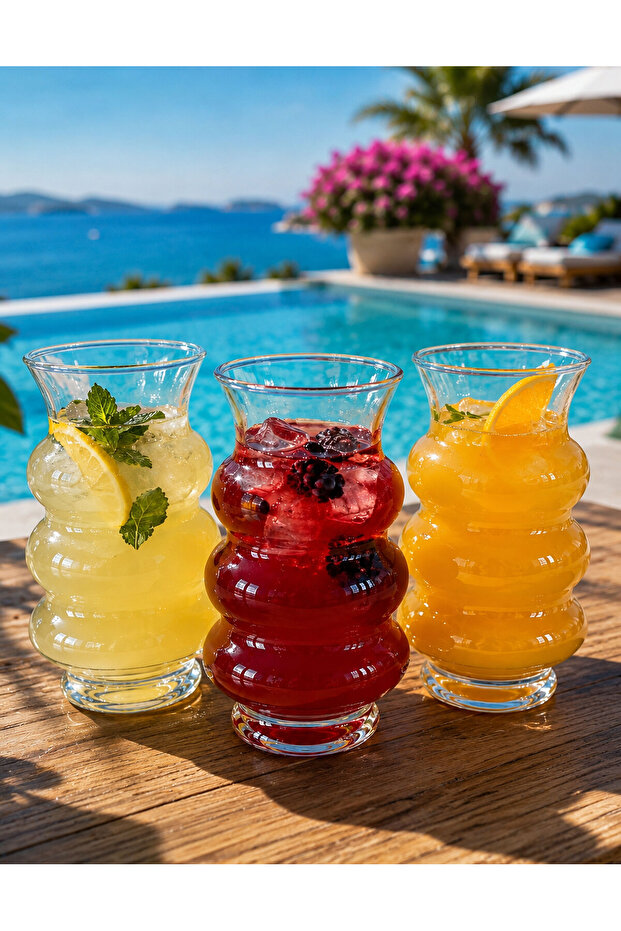 3-Piece Wavy Glass Soft Drink Glasses 360 ml – Cold Drink, Lemonade and Cocktail Presentation Set