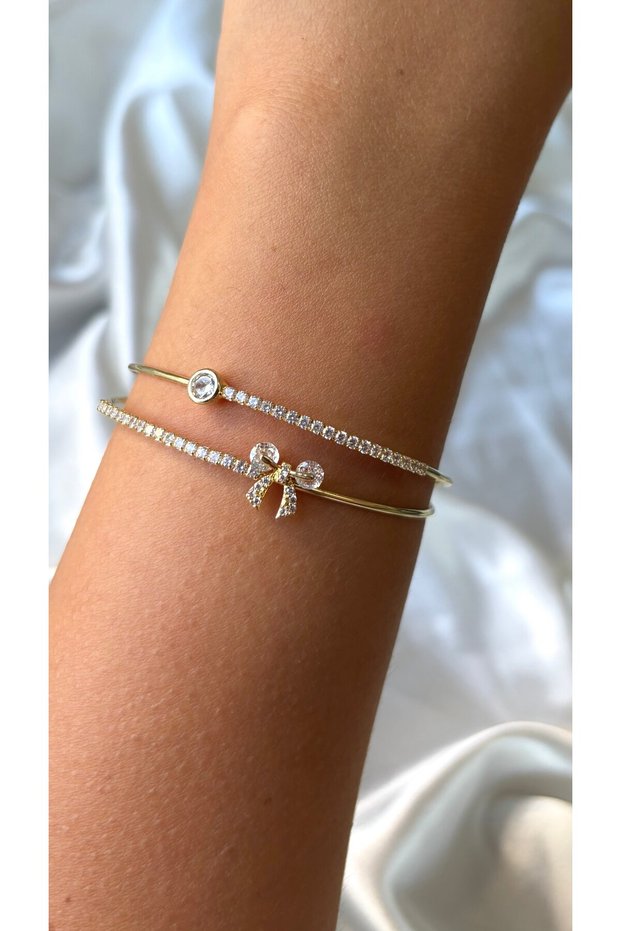 Women's Gold Color Stone and Ribbon Double-Look Bracelet
