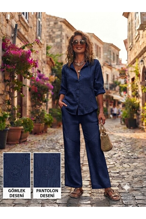 Muslin Fabric Patterned Shirt and Pants Two-Piece Set