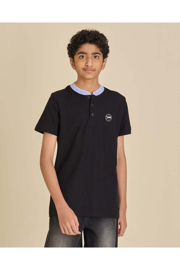 Senior Boys Black Mandarin Collar T-Shirt