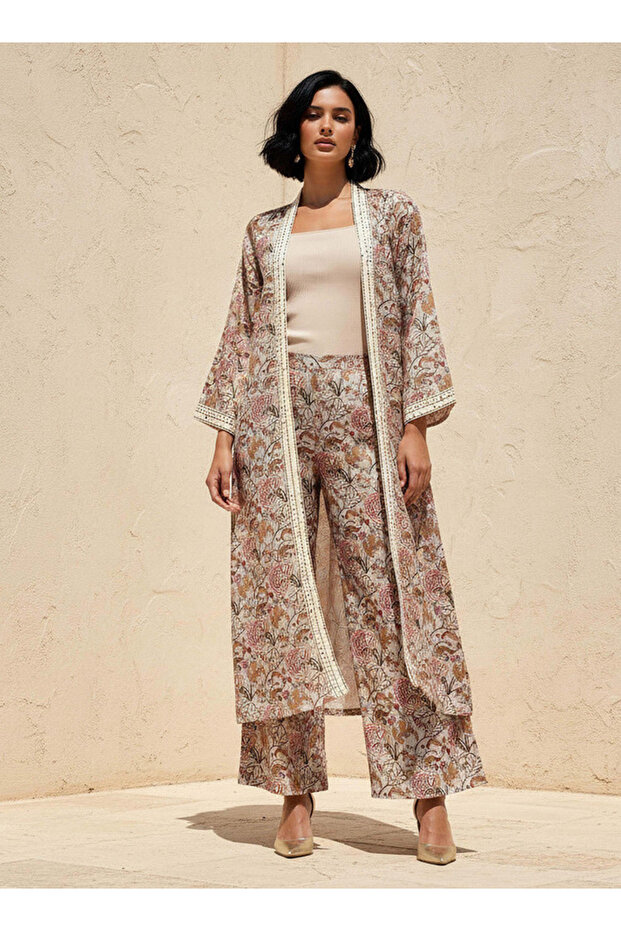 LONG OPEN KIMONO WITH CONTRAST GEOMETRIC BORD