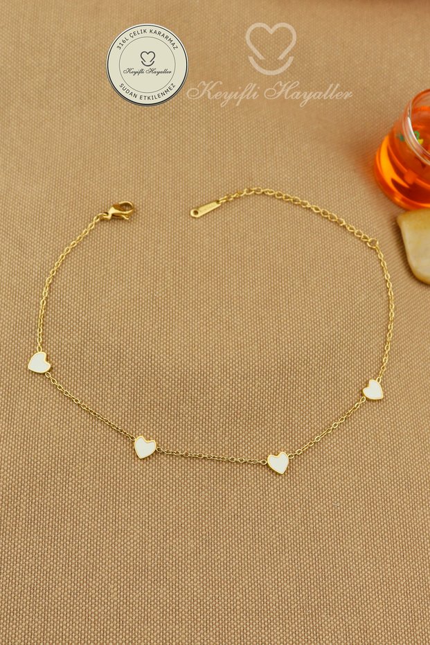 316L Steel Anklet | White Minimal Heart Chain Steel Anklet 22+5 cm Non-Tarnish Non-Fade