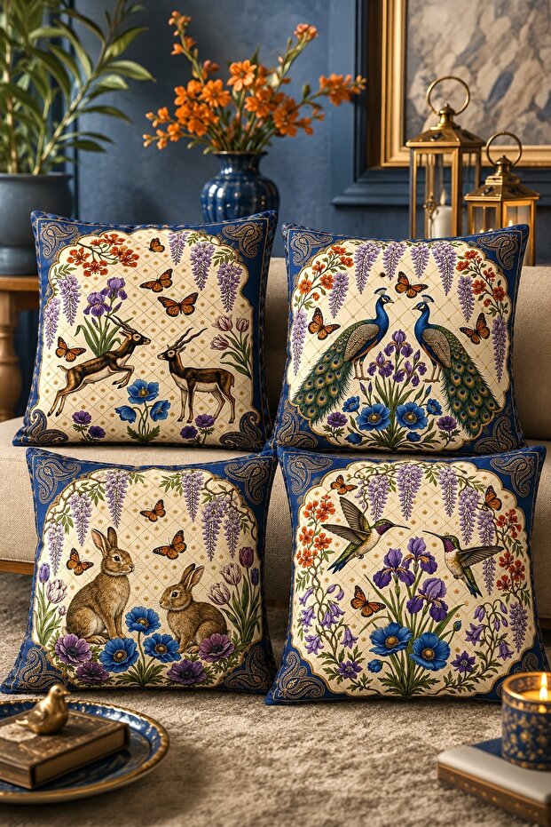 Lavender Animal Illustrations Patterned Set of 4 Throw Pillow Covers