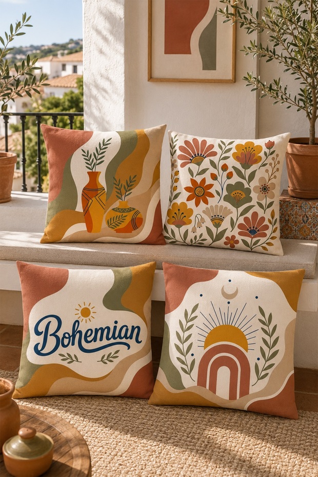 Bohemian Patterned 4-Piece Throw Pillow Cover Set