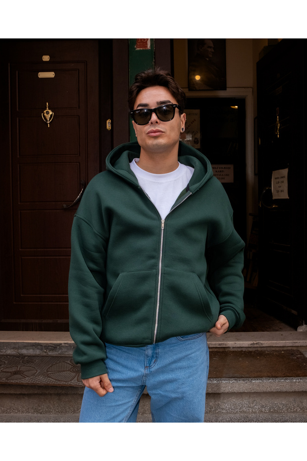 Yeşil Basic Full Zip Oversize Hoodie