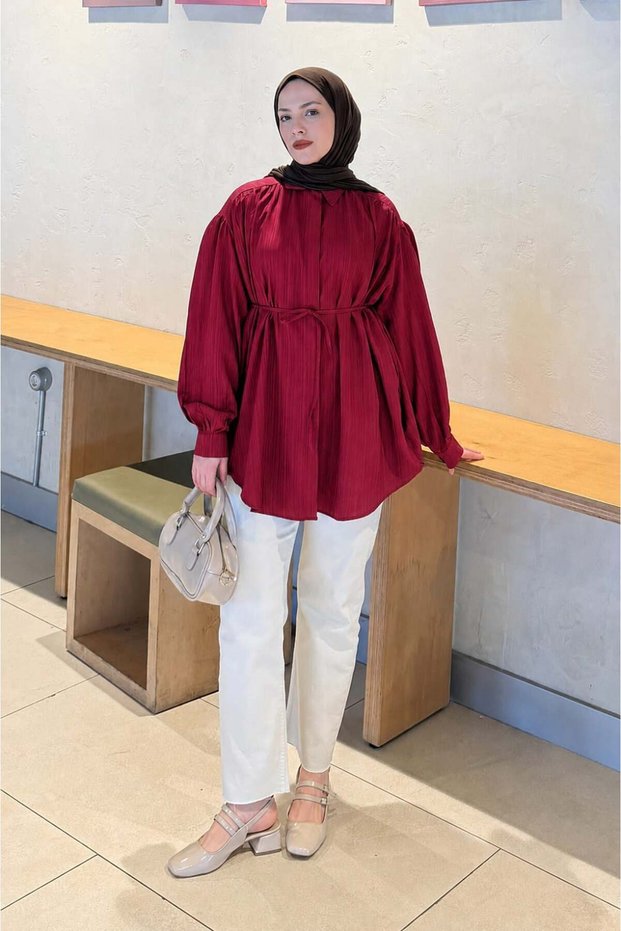 Tie-Dye Detailed Hijab Shirt Burgundy
