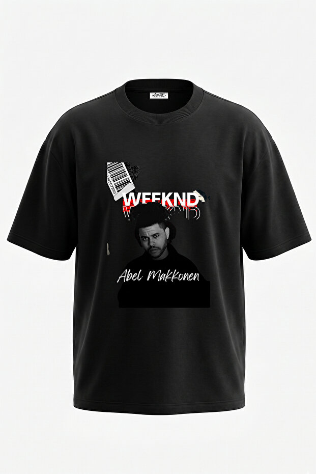 تي شيرت أسود كبير الحجم مطبوع بتصميم The Weeknd_4