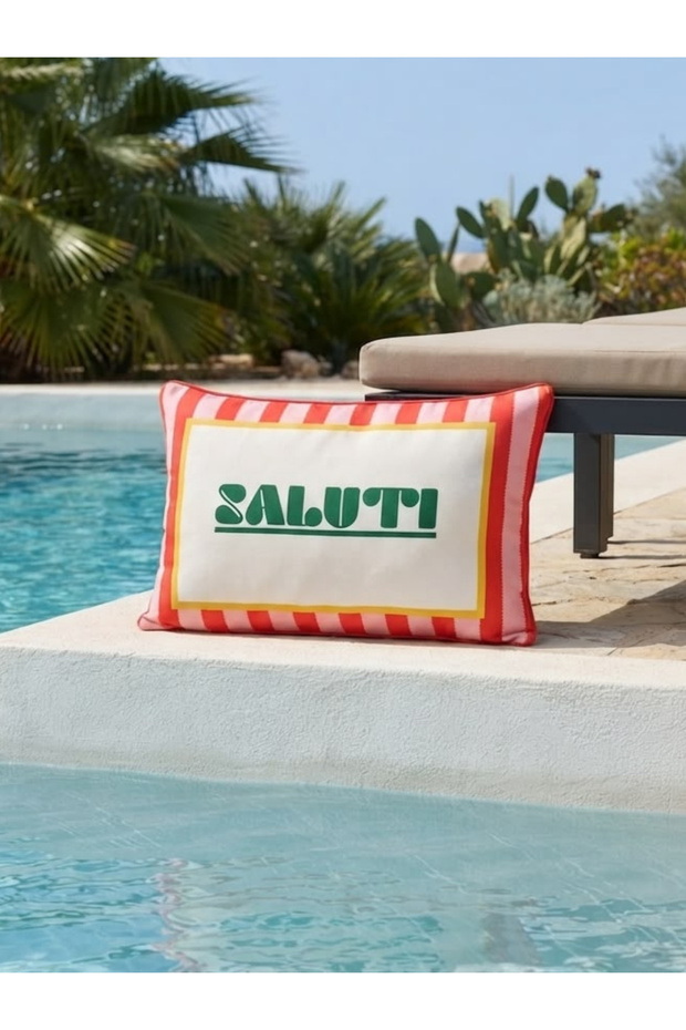 Saluti Written Red Striped Decorative Suede Throw Pillow Cover - 30X50 cm - Summer Themed Throw Pillow Cover