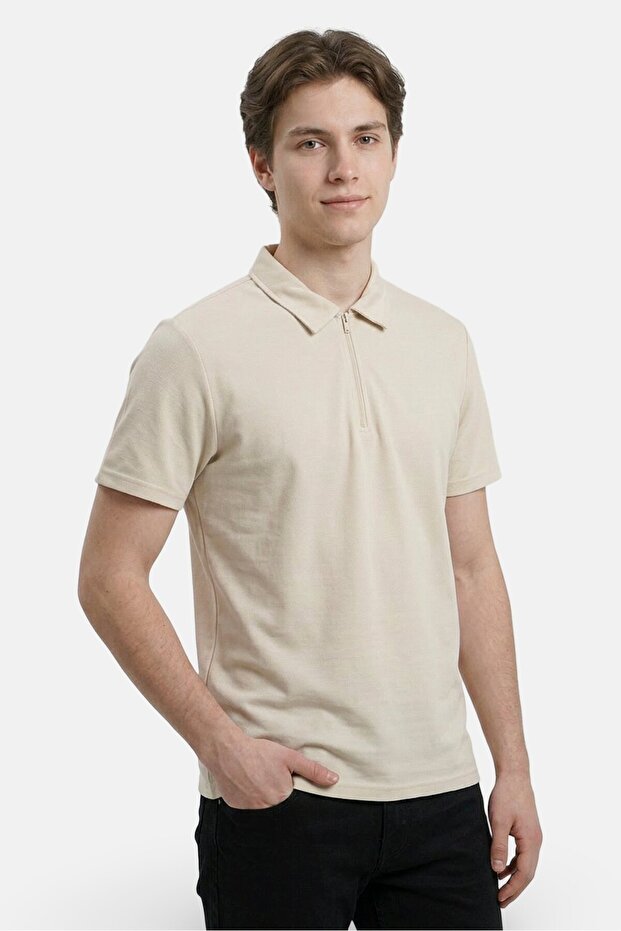 Men Regular Fit Herringbone Short Sleeve Polo Shirt, Cream