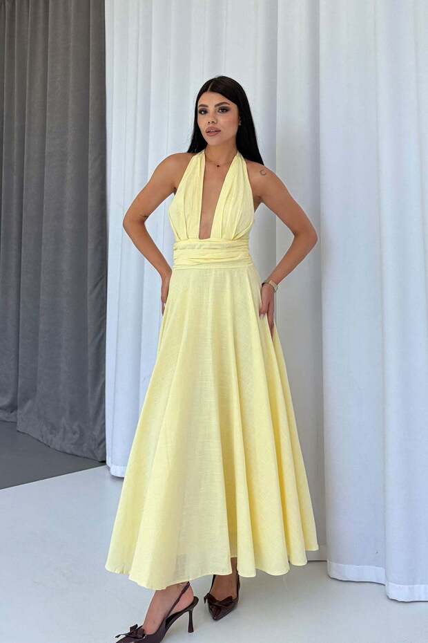 Neck Tie Detail Linen Draped Dress - Yellow