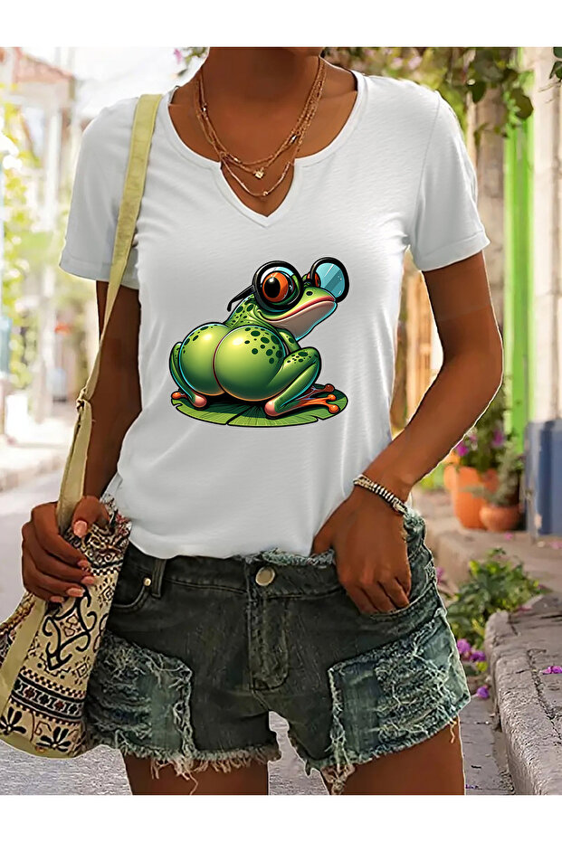 Women's Printed Half V-Neck Sleeves Regular Fit Casual T-Shirt