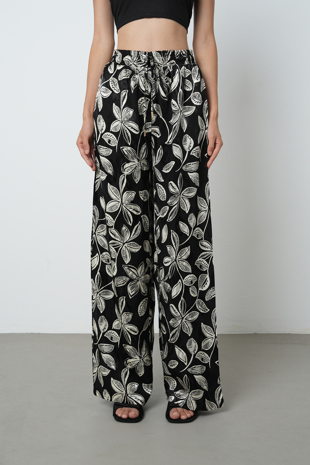 Women's Floral Patterned Elastic Waist Palazzo Trousers