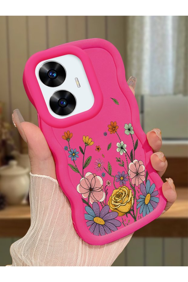 Realme C55 Compatible Case Camera Protector Red Silicone Couple Phone Case Floral Pattern