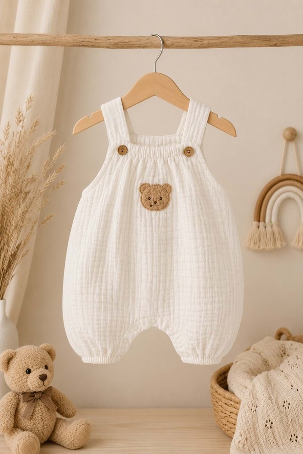 Teddy Bear Detailed 100% Cotton Muslin Baby Boy Jumpsuit M00847 Beige