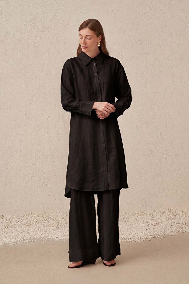 Black-Comfortable Fit Long 100% Linen Shirt