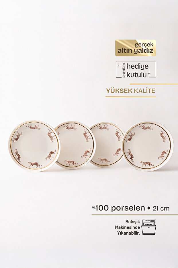 Wild Walk Real Gold Gilded Tiger 4-Piece Porcelain Cake Plate 21 cm