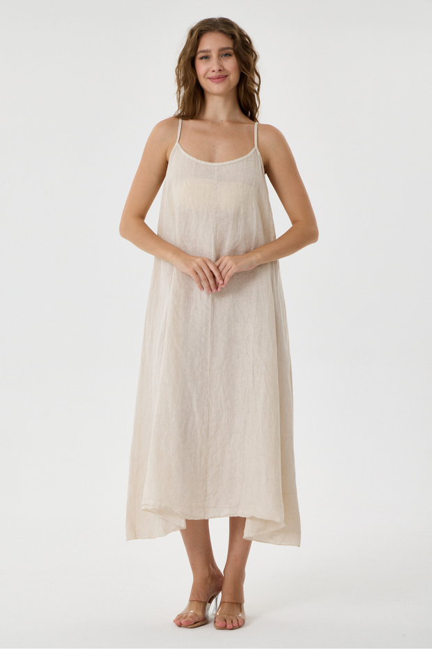 Beige Italian 100% Linen Long Linen Dress with Straps, Size 38 - 42